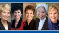 Image description: nine portraits side by side of LDS women leaders smiling at the camera. From left to right, they are Neill F. Marriot; Vicki F. Matsumori; Cheryl A. Esplin; Margaret Dyreng Nadauld; Cheryl C. Lant; Chieko N. Okazaki; Bonnie Dansie Parkin; Sylvia Allred; Carole M. Stephens.