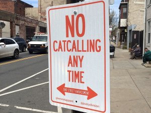 [Image: red and white street sign that says “No catcalling any time”]